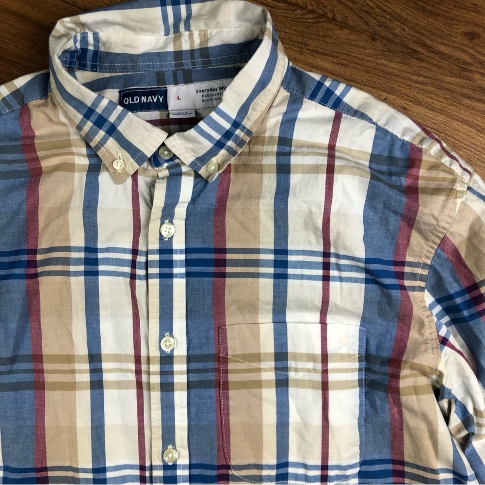Old Navy Everyday Shirt Blue Tan Plaid Button Up Long Sleeve *READ